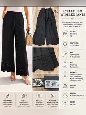Future Collective Wide Leg Pants XS Black Embroidered Eyelet Boho NWT $40